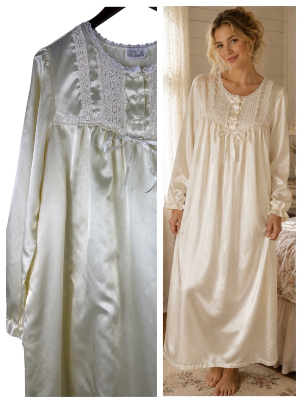 Vtg Character Long Maxi Nightgown Large Satin Silky Pale Yellow Floral Cottage